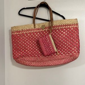 Tory Burch raffia beach bag.